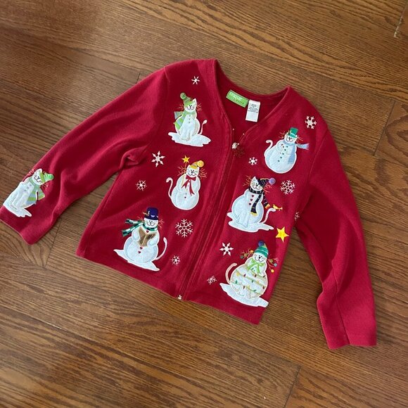 Vintage 80s Christmas CAT Full Zip Embroidered Sweater Size Petite Large Snowman - Picture 2 of 12